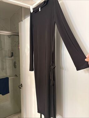 Long Sleeve Black Side-Tie Midi Dress